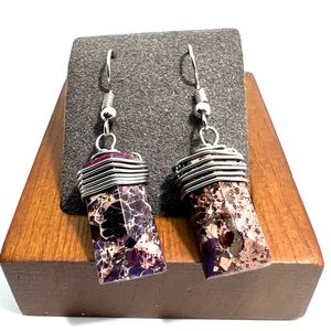 Genuine Purple Jasper Sterling Silver Wire Wrapped Bar Dangle Earrings